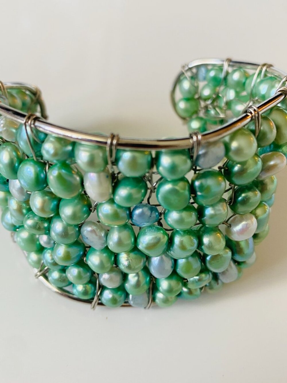 Vintage Aquamarine Pearl Beach Boho Bracelet Real Freshwater Pearls Summer Chic - Picture 3 of 4